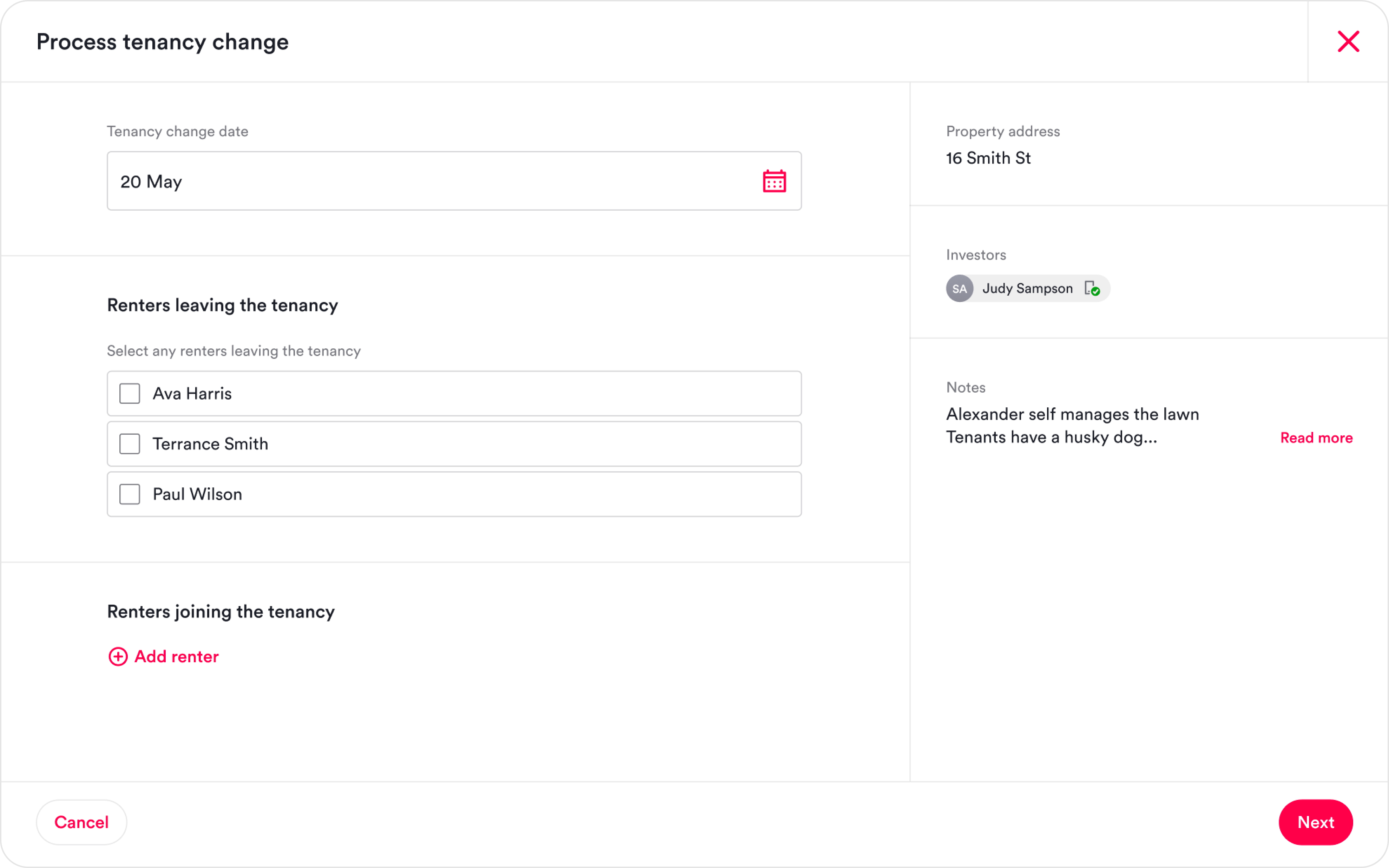 Finished interface: process tenancy change action